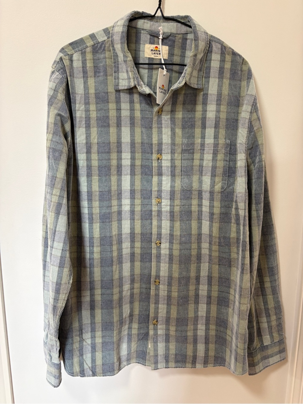 Marine Layer Lightweight Plaid Corduroy Blue and Green Men Shirt Size Marge NWT